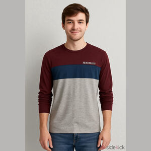 Men's American Eagle M Colorblock Long Sleeve Tee Maroon Blue Grey